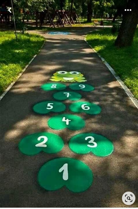 Cute Hopscotch Ideas, Hopscotch Ideas, Playground Painting, Preschool Playground, Playground Flooring, Playground Games, School Wall Art, School Murals, School Playground