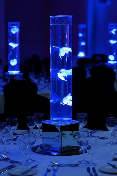 Futuristic Centerpieces, Futuristic Event Decor, Futuristic Event, Sea Wedding Theme, Queer Prom, Futuristic Table, Led Centerpieces, Gala Decor, Non Floral Centerpieces