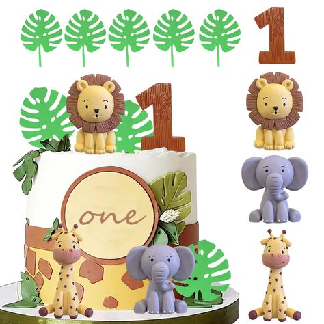 PRICES MAY VARY. PACKAGE – Including a lion, a giraffe, an elephant, a number 1 cake topper,and 5pcs green leaves. MATERIAL – The jungle animals cake toppers are made of clay. Size as the picture shows. CAKE DECOR – The safari animal cake topper is perfect for safari animal themed party, birthday party, wild one cake topper, jungle cake topper, baby shower, oh baby cake decorations. UNIQUE DESIGN – The safari animal cake decorations are vivid. Unique details help enhance imagination and creativi Wild One Birthday Cake Ideas, 1st Birthday Animal Theme, Wild One Cake Ideas, Jungle Theme 1st Birthday Party, Wild One Birthday Cake, Zoo Animal Cakes, Animal Cake Toppers, Wild One Cake, Safari Baby Shower Decorations