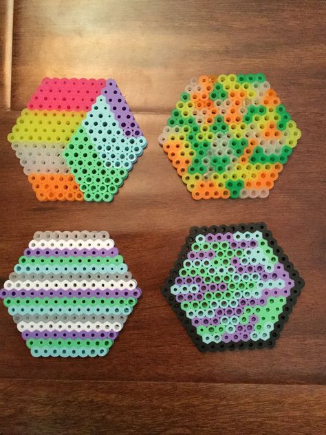 Four hexagon Perler Bead patterns Perler Bead Coasters Patterns Circle, Hexagon Perler Bead Patterns, Perler Ideas, Easy Perler Beads Ideas, Beads Designs, Beads Ideas, Beading Patterns Free, Diy Perler Beads, Bead Ideas