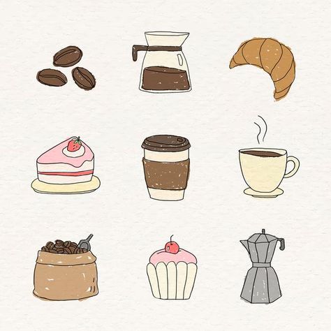 Coffee Machine Illustration, Time Doodle, Coffee Doodle, Food Doodles, Cake Illustration, Doodle Design, Muffin Cake, Coffee Drawing, Coffee Theme