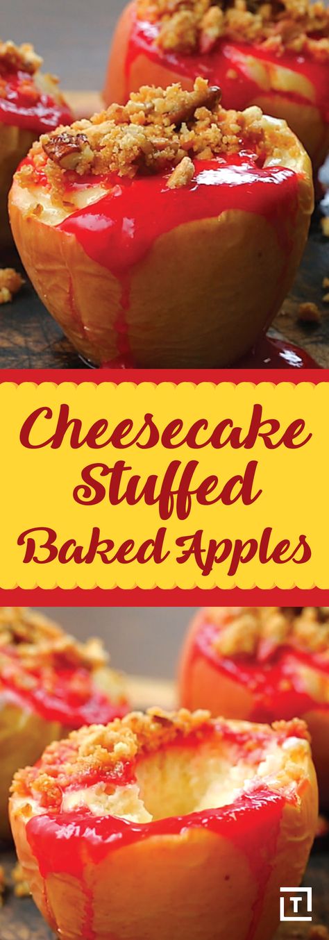 Here's the deal: this recipe by Twisted still counts as healthy because it involves apples and raspberry coulis, and you can't convince us otherwise. Maybe we're in denial, but we don't mind one bit because these cheesecake-stuffed apples are just that good. Creamy, sweet, and oh so seasonal, these flavor-obsessed treats are the ideal dessert for any festive holiday meal. Holiday Desserts Cheesecake, Homemade Cheesecake Filling, Stuffed Baked Apples, Stuffed Apples, Cheesecake Baked, Raspberry Coulis, Homemade Cheesecake, In Denial, Cheesecake Filling