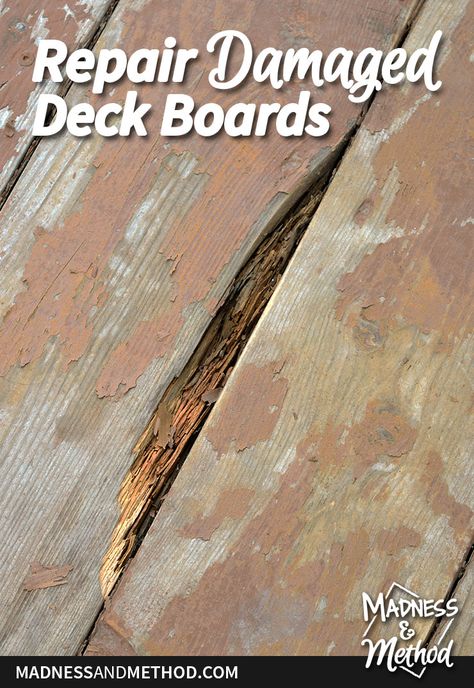 Do you have to repair damaged deck boards? While my original plan was to replace the damaged ones, I couldn't do that and had to fill them instead! Outdoor Deck Design, Deck Refinishing, Porch Repair, Outdoor Deck Decorating, Deck Maintenance, Deck Renovation, Deck Design Ideas, Deck Restoration, Deck Remodel