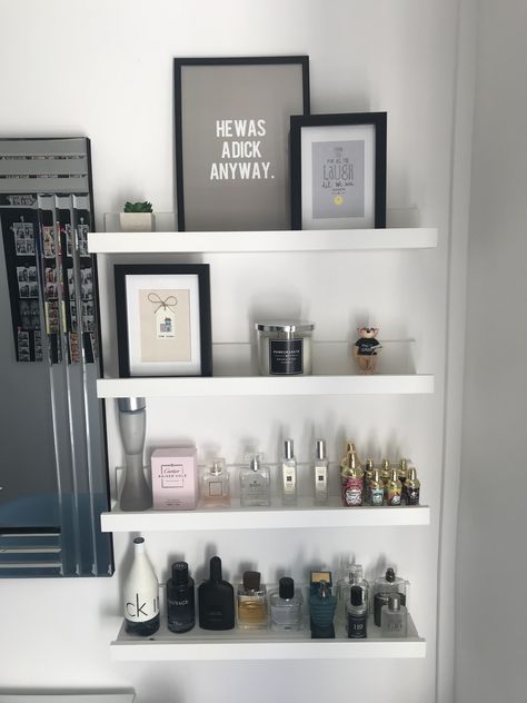 Love these Ikea picture shelves. Changed the dressing room to a black and white theme which is more me. Makeup Room Shelves, White And Black Dressing Room, Perfume Room Ideas, Floating Shelves Dressing Room, Small Dressing Room Decor Ideas, Dressing Room Shelving Ideas, Dressing Table Storage Ideas Shelves, Wall Bedroom Shelves, Wall Perfume Display