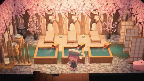 Acnh Spa, Japanese Spa, Shower Stalls, Japanese Animals, Animal Crossing 3ds, Ac New Leaf, Animal Crossing Guide, Happy Home Designer, Spa Interior