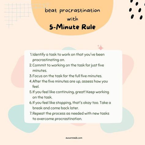 beat procrastination with 5-minute rule Anti Procrastination Daily Routine, 5 Minute Rule, End Procrastination, How To Beat Procrastination, Procrastination Journal Prompts, How To Overcome Procrastination, Productivity Rules, Psychological Flexibility, Productivity Methods