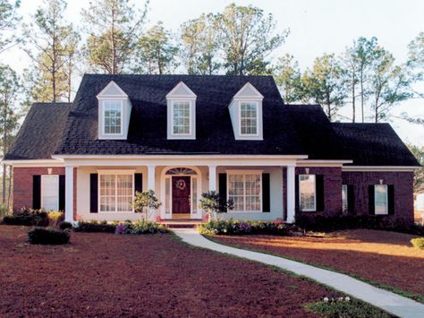 1950 Cape Cod brick front | Brick Home With Sweeping Front Covered Porch And Triple Dormers Brick Cape Cod, Brick House Plans, Cape Cod House Plans, Brick Cladding, Southern House, Southern House Plans, Cape Cod House, House Plans And More, Southern Homes