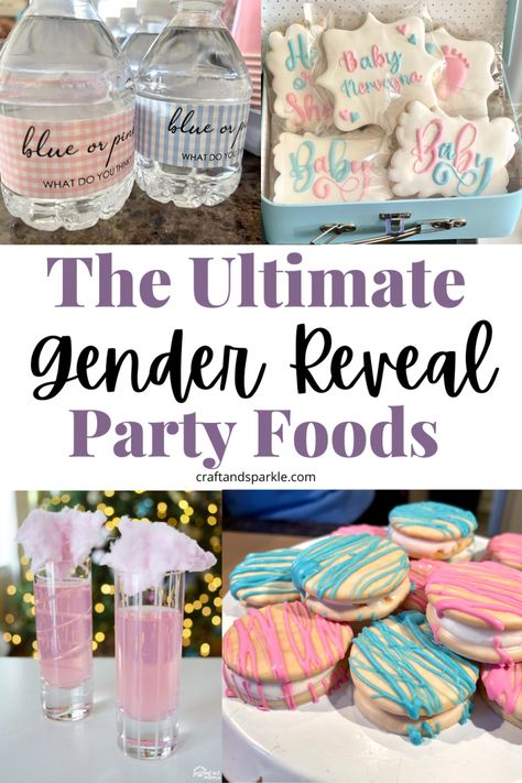 If you are hosting a gender reveal party, you must have lots of pink and blue food. Here is the ultimate list of delicious food, desserts, and drinks perfect for that. This includes gender reveal cakes, cupcakes, cookies, mocktails and much more! Pink And Blue Foods For Gender Reveal, Gender Reveal Food Ideas Desserts, Single Mom Gender Reveal, Pink And Blue Gender Reveal Decorations, Food For Gender Reveal Party, Gender Reveal Set Up, Gender Reveal Appetizers, Pink And Blue Food, Gender Reveal Snacks