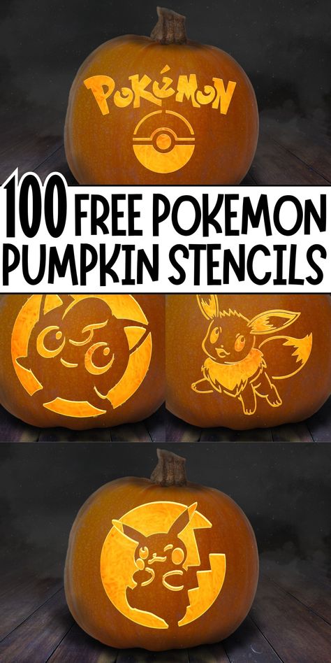 collage showcasing four Pokémon pumpkin carvings, perfect for Halloween decorations. The top pumpkin features the iconic "Pokémon" logo and Pokéball design. Below it, there is text that says "100 Free Pokémon Pumpkin Stencils" in bold, black letters. The bottom section displays three pumpkins, each carved with different Pokémon characters: Jigglypuff on the left, Eevee in the middle, and Pikachu winking on the right. Each design is carved into the pumpkins, glowing with a bright orange light Pikachu Pumpkin Stencil, Pokemon Pumpkin Stencils, Pokemon Pumpkin, Pumpkin Patterns Free, Pumpkin Carving Patterns Free, Halloween Pumpkin Stencils, Character Pumpkins, Dekorasi Halloween, Pumpkin Stencils