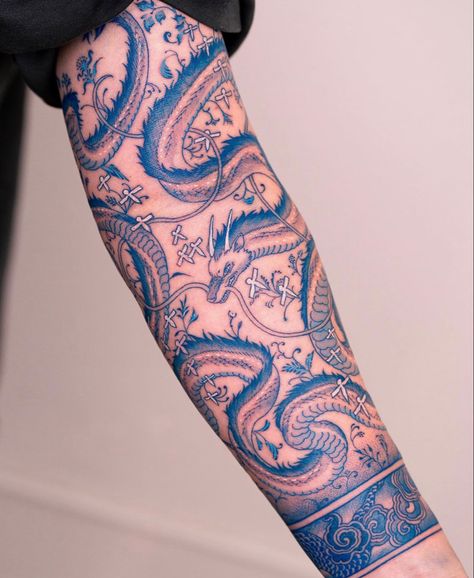 Oozy_tattoo on Instagram Haku Tattoo, Gold Tattoo Ink, Japanese Forearm Tattoo, Ak47 Tattoo, Blue Dragon Tattoo, Colour Tattoo For Women, Hard Tattoos, Flower Tattoo Ideas, Occult Tattoo