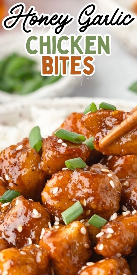 These Honey Garlic Chicken Bites recipe have the perfect balance of the sweet and savory umami flavors that makes for a very popular delicious dish. A simple recipe to make in 25 minutes for a tasty dinner served with rice, noodles or in a stir fry and as a yummy chicken appetizer for special occasions!! Simple Chicken Dish, Unforgettable Honey Garlic Chicken, Honey Garlic Chicken Chinese, Honey Garlic Chicken Stovetop, Quick Chicken Lunch Recipes, Honey Crispy Chicken Recipe, Honey Garlic Chicken Fried Rice, Sticky Garlic Chicken, Easy Cheap Chicken Dinners