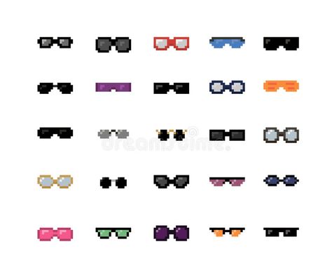 Pixel Sunglasses Set. Set of glasses and sunglasses. 16x16 pixel art vector, isolated on white background vector illustration 16x16 Pixel Art, Pixel Sunglasses, Glasses Meme, Thug Life Meme, Cute Tooth, Cat Glasses, Summer Icon, Different Emotions, Cartoon Faces