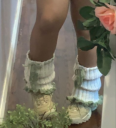 Handmade crocheted white leg warmers with green leaves and ruffles Crochet Star Leg Warmers, Crochet Legwarmers Aesthetic, Crochet Baggy Leg Warmers, Fairy Leg Warmers, White Crochet Leg Warmers, Crochet Ankle Warmers, Frog Leg Warmers, Crocheted Leg Warmers, Green Crochet Projects