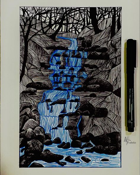 River Pen Drawing, Painting Ideas Difficult, Sketchpen Drawings Ideas Aesthetic, Nature Sketch Ideas, Pen Art Work Drawings, Pen Art Work Illustrations, Fineliner Art Illustration, Sketch Pen Art Doodles, Fineliner Art Simple