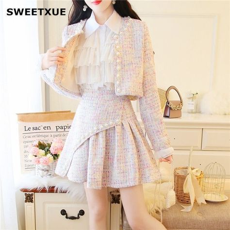 Welcome to our store , We have many kinds of products, and we have a fast shipping , if you have any question you can ask me~ Tweed Two Piece, Tweed Set, Dress Skirts, Pink Pleated Skirt, Beaded Jacket, Sketches Dresses, Pink Set, Plain Shirt, Lace Set