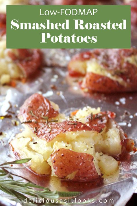 Low FODMAP Smashed Roasted Potatoes - Delicious as it Looks Smashed Roasted Potatoes, Fodmap Recipes Dinner, Low Fodmap Recipes Dinner, Fodmap Foods, Crispy Smashed Potatoes, Fodmap Diet Recipes, Low Fodmap Recipes, Smashed Potatoes, Fodmap Diet