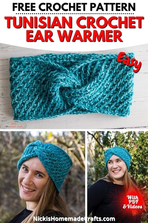 This is a free Tunisian Crochet pattern for earwarmers. This modern Tunisian crochet ear warmer is a stylish way to keep warm during the winter. Tunisian Crochet Earwarmer Pattern, Tunisian Crochet Neck Warmer, Tunisian Crochet Fingerless Gloves Free Pattern, Tunisian Crochet Ear Warmer Free Pattern, Tunisian Crochet Headband, Tunisian Patterns, Crochet Ear Warmer Free Pattern, Tunisian Crochet Free, Crochet Fingerless Gloves Free Pattern