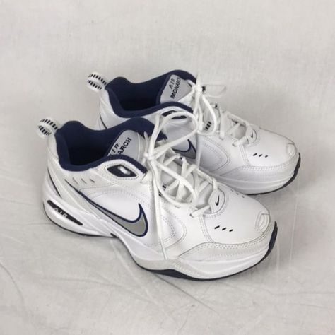 Nike Vintage Shoes, Sneakerhead Outfits, Nike Sneakers White, Air Monarch Iv, Nike Air Monarch Iv, Zapatillas Nike Air, Nike Air Monarch, Navy Blue Shoes, Sports Shoes Outfit