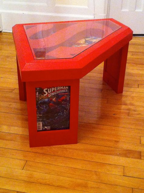 Superhero Furniture, Superman Room, Comic Book Frames, Book Frame, Coffee Table With Glass Top, Table With Glass Top, Comic Book Store, Geek Decor, Glass Top Coffee Table