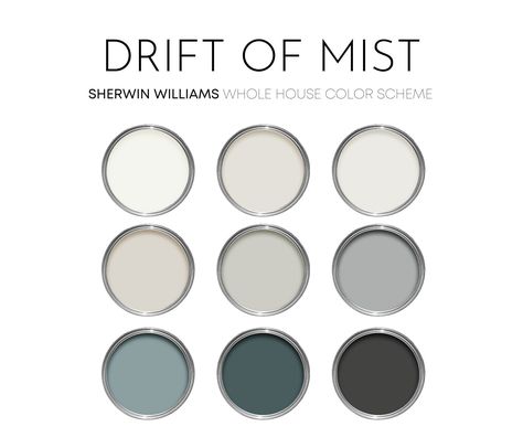 This listing is for a Drift of Mist paint palette, created with Sherwin Williams paint colors and featuring the best selling color, Drift of Mist. I have carefully selected a range of 9 colors for this palette, and included options for walls, trim, furniture, cabinets and doors.  Sherwin Williams has thousands of paint colors, each with their own unique undertones. This can make choosing the right paint colors hard. The colors in this collection were carefully selected to coordinate with each ot Drift Of Mist Sherwin Williams Living Room, Dark Green And Blue Bedroom, Sherwin Williams Interior Paint Schemes, Paint Iron Ore, Neutral Interior Colors, Sw Drift Of Mist, Drift Of Mist Sherwin Williams, Home Color Schemes Interior, Sherwin Williams Drift Of Mist