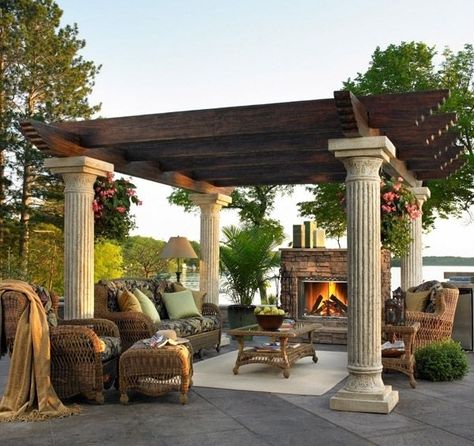 Fiberglass pergola with Greek columns and rattan pation furniture Pergola Plans Design, Greek Columns, Pergola Swing, Building A Pergola, Modern Pergola, Stone Pillars, Pergola Attached To House, Tuscan Design, Pergola Design