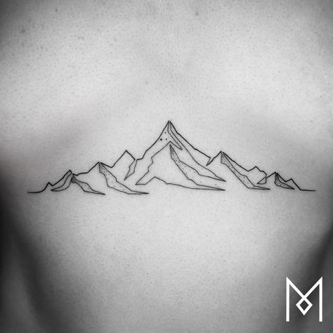 Minimalist Single-Line Tattoo Ideas That May Inspire You to Get Inked Moutain Tattoos, Mountains Tattoo, Mo Ganji, One Line Tattoo, Single Line Tattoo, 13 Tattoos, Tattoos Mandala, Tattoo Zeichnungen, Landscape Tattoo