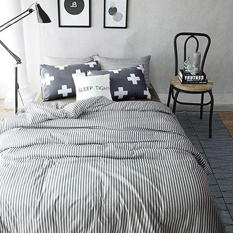 Bedroom with modern stripped duvet cover. We’ve found the best rated duvet covers on Amazon so you don’t have to. These are real reviews from people who bought the best rated duvet covers. #top5 #topfive #home #bedroom #bedroomdecor #homedecor #duvet #interiors #interiorideas Rustic Duvet Cover, Farmhouse Bedding Sets, Rustic Bedding Sets, Colorful Duvet Covers, Geometric Duvet Cover, Bedroom Cupboards, Striped Duvet Covers, Luxury Duvet Covers, Farmhouse Bedding