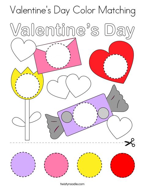 Valentine's Day Color Matching Coloring Page - Twisty Noodle Valentine Toddler Crafts, S Preschool Activities, Toddler Math Activities, Valentines Toddler Activities, Pre Kindergarten Worksheets, Daycare Worksheets, Playschool Activities, Preschool Pages, Valentines Day Preschool