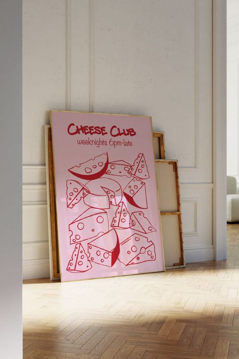 Pink poster with a lot of different cheese in red Cheese Poster, Kitchen Wall Art Vintage, Modern Kitchen Wall Decor, Vintage Food, Mid Century Kitchen, Wall Art Vintage, Poster Retro, Food Poster, Art Vintage