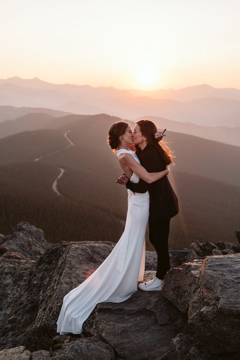 Two brides at Colorado elopement. Bride in suit and bride in white dress. LBGTQ+ elopement. Sapphic Elopement, Wlw Elopement, Queer Elopement, Lesbian Elopement, Lgbtq Elopement, Elopement Bride, Colorado Mountain Elopement, Best Places To Elope, Hiking Elopement