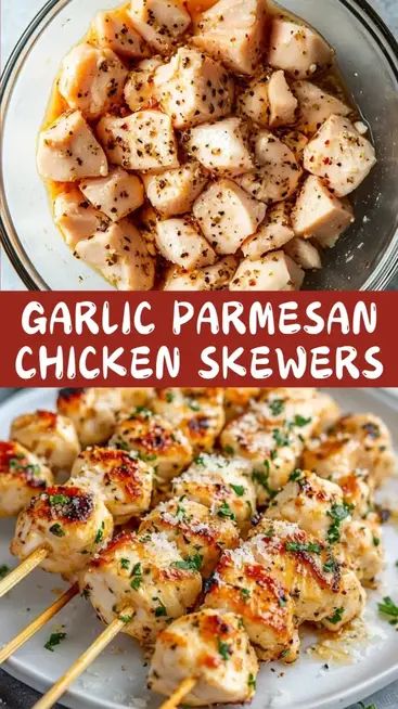 These Garlic Parmesan Chicken Skewers are perfect for your next BBQ or quick weeknight dinner! Tender chicken cubes are marinated in a zesty garlic and Parmesan mix, then grilled or baked to perfection. You can make them in just 30 minutes with simple ingredients, and they pair beautifully with salads, grilled veggies, or even cheesy breadsticks. Save this pin for later, and be sure to try these for your next family meal! Follow me on Pinterest ! Easy Garlic Parmesan Chicken, Garlic Parmesan Chicken Skewers, Parmesan Chicken Skewers, Ward Activities, Chicken Cubes, Chicken Skewer Recipe, Cheesy Breadsticks, Chicken With Italian Seasoning, Skewer Recipes