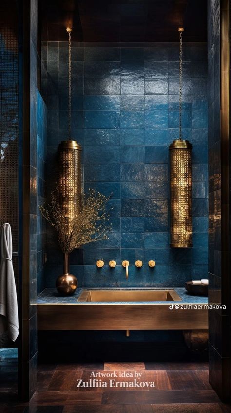 Blue Bathroom With Black Fixtures, Dark Blue Toilet, Bathroom Ideas Moody, Bathroom Aesthetic Dark, Black Bathroom Aesthetic, Moody Bathroom Design, Dark Bathroom Decor, Bathroom Remodel Black, Bathroom Ideas Victorian