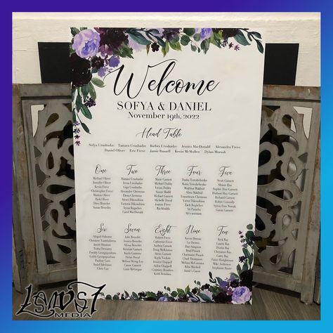 Elegant and classy, this floral Seating chart would make a beautiful addition to you Wedding day!Available as a print that you can frame as well as mounted on foamcore board so that it can sit on an easel!Email your guest list to lawstmedia@hotmail.comPlease ensure that your word or excel document has the names listed as you would like to be shown on the chart. ie. first name last name.*If using excel please list each full name (first and last) in one cell per guest rather than last name in ... Guest List Board, Floral Seating Chart, Purple Floral Wedding, Name Boards, Wedding Guest List, Name List, Your Word, Head Table, Seating Chart Wedding