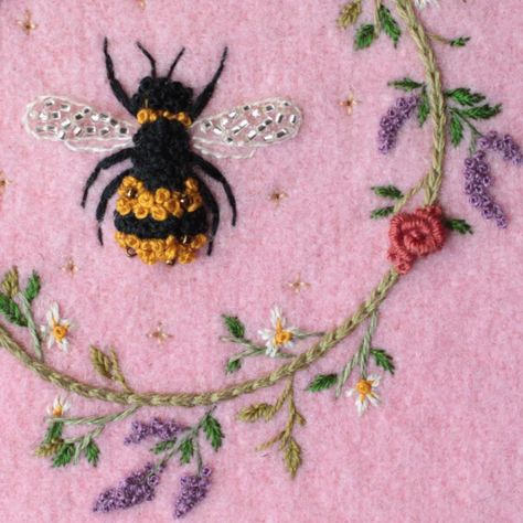 A J Pritchett Animal Embroidery Designs, Bee On Flower, Animal Embroidery, Modern Embroidery, Embroidery Hoop Art, Queen Bee, Ribbon Embroidery, Hoop Art, Embroidery And Stitching