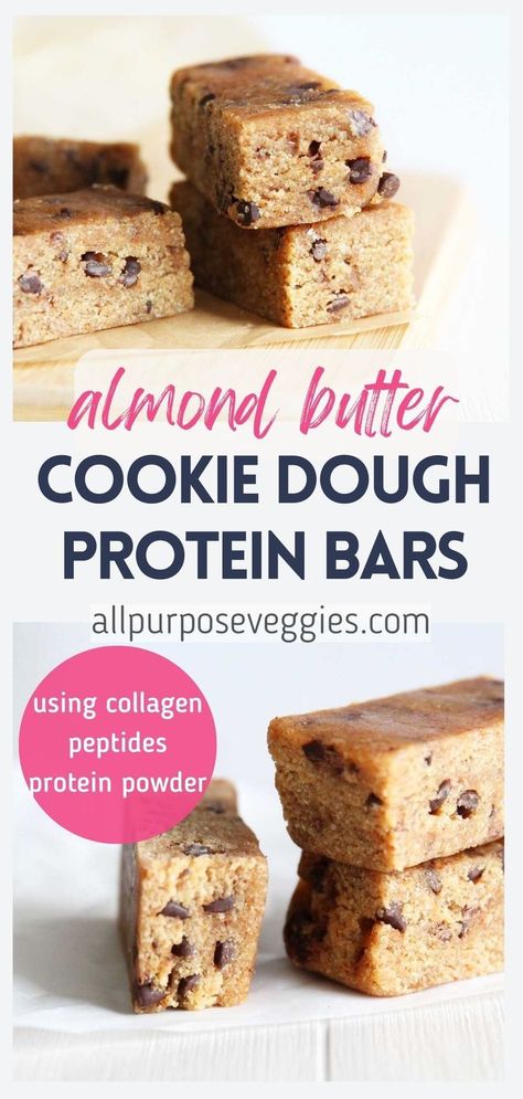 It’s so easy to reach for that candy bar or bag of chips when you’re tired, stressed, or worse – hangry. That’s why I try to have something healthy and satisfying on-hand that I can eat when that craving creeps in. Here’s one recipe that's quick and easy to make, it’s these lovely Homemade Almond Butter Chocolate Chip Cookie Dough Collagen Protein Bars. Nutty, chewy, thick and chocolatey with a texture kind of like a cross between a cookie dough and blondie #proteinbars #collagenpeptides Collagen Powder Recipes, Collagen Protein Bars, Almond Butter Chocolate, Keto Treats, Almond Butter Cookies, Bag Of Chips, Low Carb Flour, Protein Bar Recipes, Protein Balls