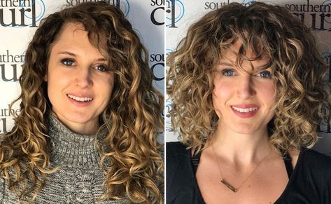 curly bang transformation Curly Fringe, Curly Bangs, Medium Curly Hair Styles, Haircuts For Curly Hair, Wavy Curly Hair, Curly Hair Inspiration, Coily Hair, Curly Hair With Bangs, Permed Hairstyles