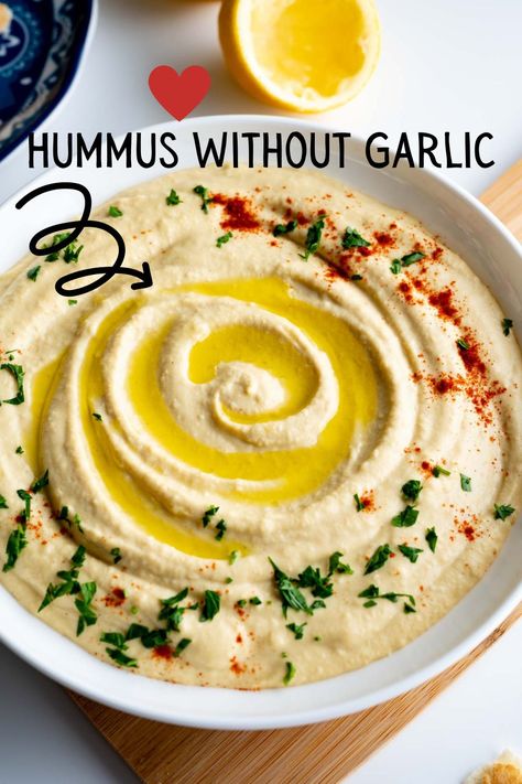 A bowl of hummus without garlic. Garlic Free Hummus, Hummus Recipe Without Garlic, Easy Homemade Hummus, Homemade Hummus Recipe, Healthy Liver Diet, Garlic Breath, Creamy Hummus, Hummus Recipe Homemade, Garlic Hummus