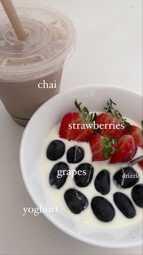 healthy and simple breakfast made from yoghurt, strawberries, grapes and an iced chai #clean #fruit #yoghurt #chai #icedchai #breakfast #healthy #easy #delicious #simple Clean Fruit, Fruit Yoghurt, Breakfast Fruit, Iced Chai, Simple Breakfast, My Breakfast, Breakfast Healthy, Fruit Breakfast, Healthy Easy