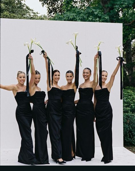 Black And White Dress Code Wedding, Black Mismatched Bridesmaid Dresses, Black Bridesmaid Dresses Mismatched, Wedding Preparation Photos, Black Tie Bridesmaids, Marrakech Wedding, Bridesmaid Duties, Dream Wedding Decorations, Dress Code Wedding