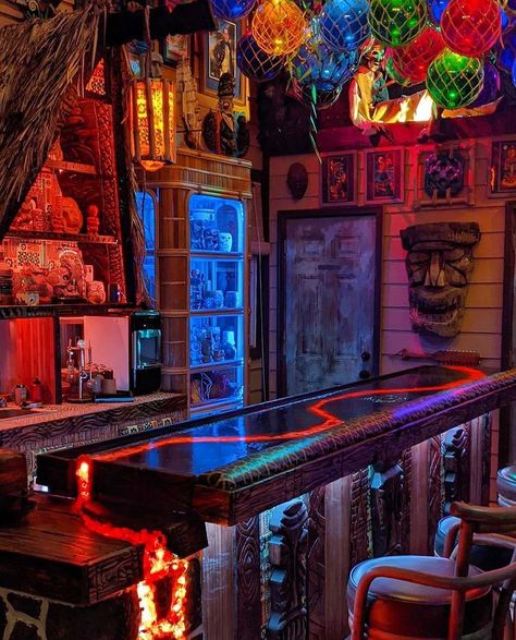 Fairy Restaurant, Adventureland Aesthetic, Dispensary Ideas, Tiki Backyard, Listening Lounge, Tiki Bars Diy, Tiki Lights, Home Bar Ideas, Mansion Ideas