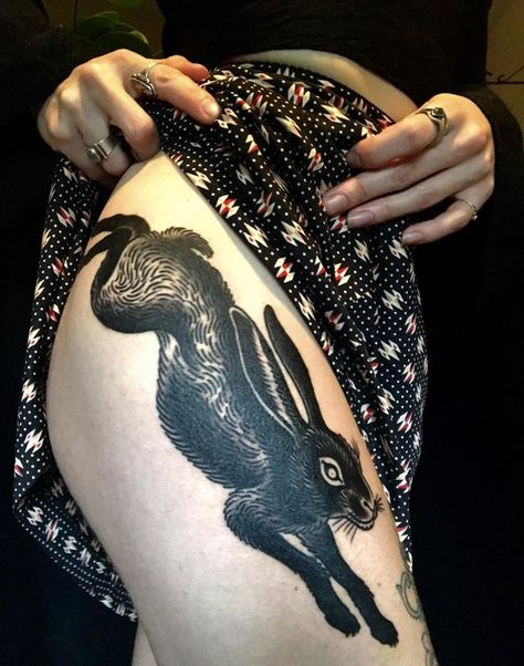 Blackwork Cover Up Tattoo Ideas, Jackrabbit Tattoo, Long Tattoo Ideas, Watership Down Tattoo, Space Filler Tattoo, Hare Tattoo, Jackalope Tattoo, Tattoo Cover Up Ideas, Lower Stomach Tattoos