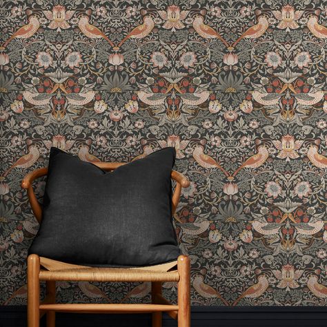 Strawberry Thief Wallpaper, Thief Wallpaper, Plum Wallpaper, The Strawberry Thief, Manor Garden, Charcoal Wallpaper, Morris Wallpapers, Strawberry Thief, Graham & Brown