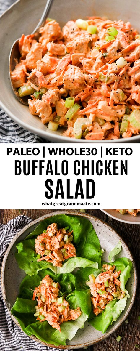 This keto and Whole30 buffalo chicken salad is the most delicious twist on a classic dish, and it is so easy and quick to make! #chickensalad #whole30 #keto #paleo #chickenrecipe #easychickendish #makeaheadmeal #lowcarb #glutenfree #dairyfree Keto Buffalo Chicken Dip, Whole30 Buffalo Chicken, Healthy Buffalo Chicken Dip, Dip Healthy, Keto Buffalo Chicken, Chicken Lunch Recipes, Easy Whole 30 Recipes, Buffalo Chicken Salad, Chicken Lunch