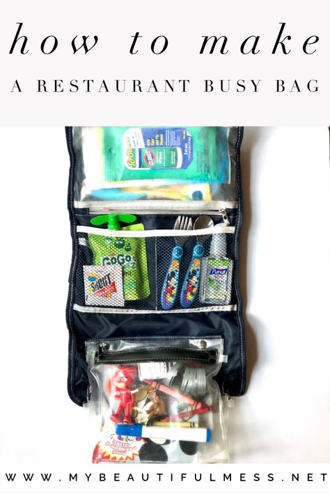 Has going out to dinner become a nightmare? Here is how to make a restaurant busy bag to tame your toddler while they wait for food. Restaurant Busy Bag, Restaurant Kit, Hanging Cosmetic Bag, Painted Christmas Cards, Clorox Wipes, Struggle Bus, Activity Bags, Toddler Bag, Busy Bags