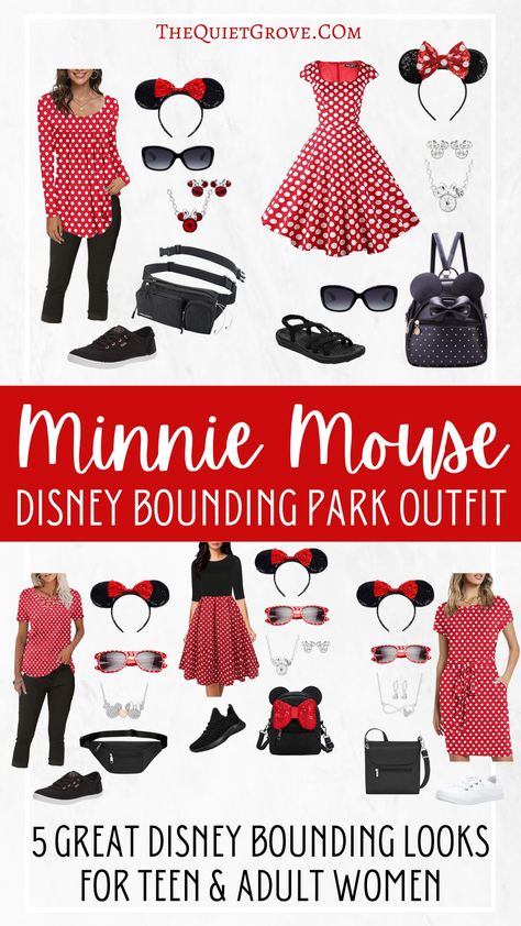 Disney Frozen Inspired Outfits, Summer Disney Outfits Plus Size, Minnie Mouse Adult Costume, Minnie Mouse Inspired Outfit Women, Disney Bounding Minnie Mouse, Disney Bounding Women, Disney Diy Costumes Women, Minnie Mouse Bounding, Minnie Mouse Outfit Ideas