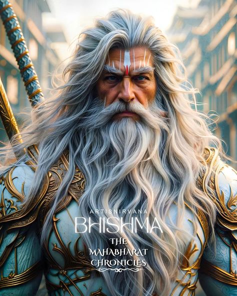 🔥🕉⚔️ THE MAHABHARAT CHRONICLES ⚔️🕉🔥 Bhishma Pitamaha, also known as Devavrata, was a key figure in the Mahabharata epic. Renowned for his valor and wisdom, he was the son of King Shantanu and Ganga. Bhishma's vow of celibacy, taken to ensure his father's happiness and uphold family honor, defined his life. Despite his eligibility, he never ascended the throne, serving instead as the regent of Hastinapur. His military prowess was unmatched, and he played a crucial role in various battles. In... Bhishma Pitamah Wallpaper, Pitamaha Bhishma, Mahabharat Illustration, Jon Snow Aesthetic, Krsna Art, Brahma Dev, India History, Book Cover Page, Lord Mahadev