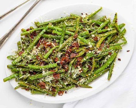 Firehouse Green Beans, Firecracker Green Beans Recipe, Firecracker Green Beans, Fresh Green Bean Recipes, French Onion Pork Chops, Spicy Green Beans, Beans With Bacon, Blanching Green Beans, Parmesan Green Beans