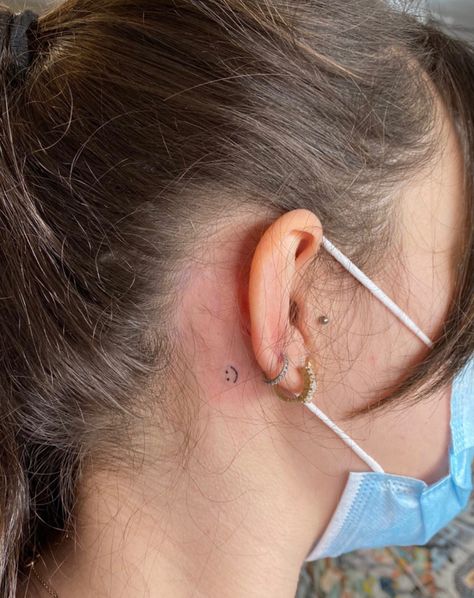 Tiny Happy Face Tattoo, Small Tattoos Smiley Face, Smiley Face Tattoo Behind Ear, Positive Small Tattoos, Fine Line Smiley Face Tattoo, Small Happy Tattoos, Heart Smiley Face Tattoo, Smiling Heart Tattoo, Small Smile Tattoo