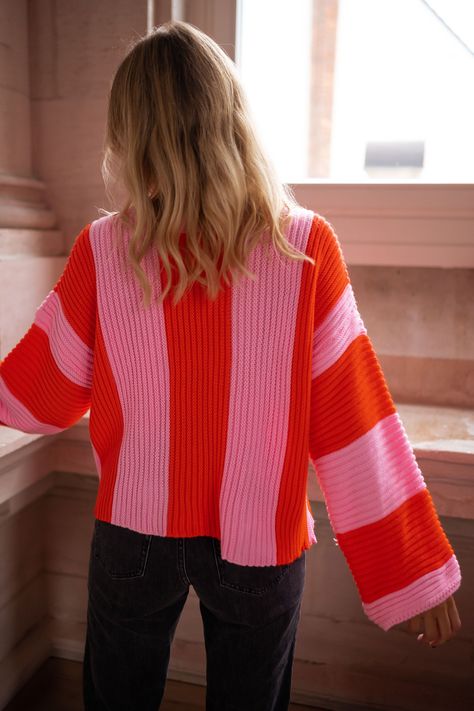 Pink and Orange Masson Sweater - One Size Guys In Skirts, Fall Outfits Men, Winter Sweater, Round Neck Sweaters, Mode Inspo, Loose Sweater, Sweater Pullover, Vertical Stripes, Looks Style