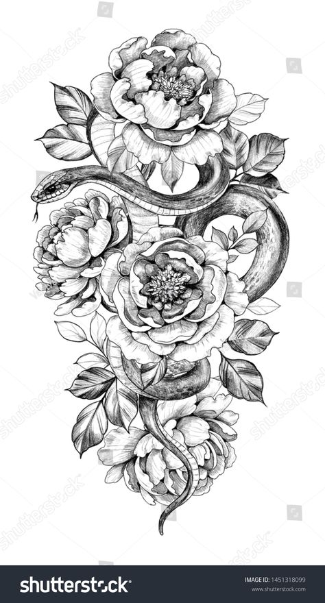 Hand drawn snake and peony isolated on white background. Pencil drawing monochrome serpent with flowers. Floral illustration in vintage style, t-shirt design, tattoo art. #Ad , #SPONSORED, #background#white#Pencil#monochrome Snake And Flowers Tattoo, Snake And Flowers, Floral Back Tattoos, Hip Thigh Tattoos, Garden Tattoos, Girl Back Tattoos, Snake Tattoo Design, Spine Tattoos For Women, Flowers Tattoo